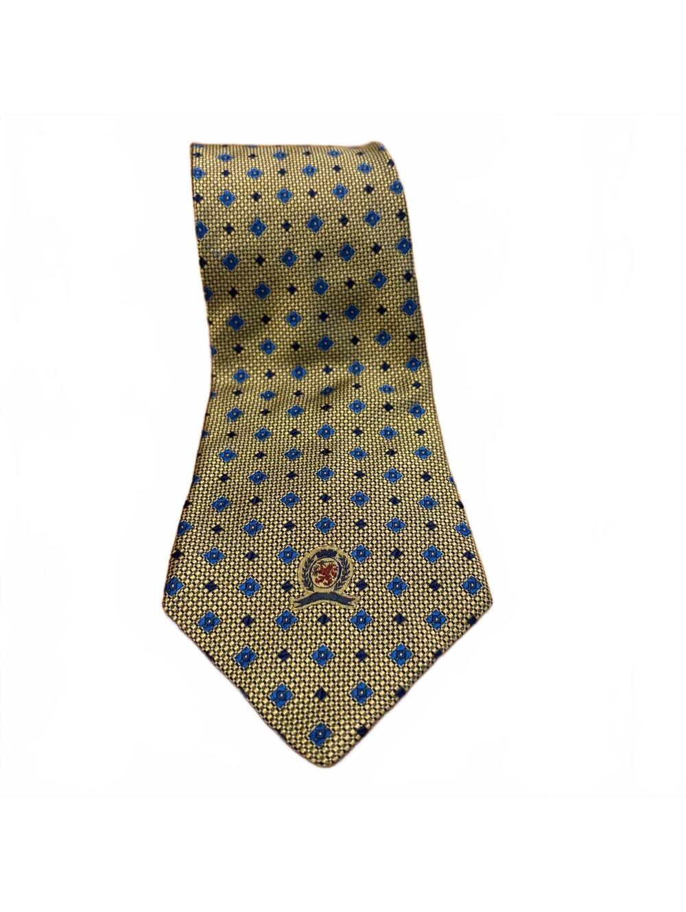 Tommy Hilfiger Men's Silk Tie Gold with Blue Pattern